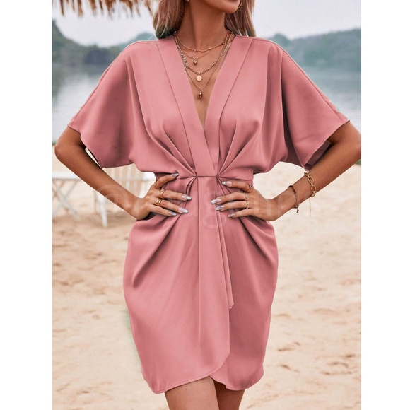 Salmon Pink Mini Dress Ruched, Batwing Sleeve Faux Wrap Pleated - Picture 6 of 8